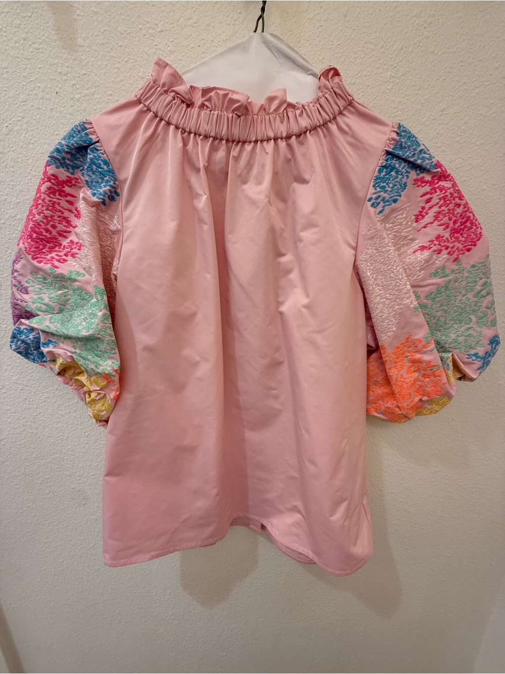 Pink Ruffled-Neck Blouse with Multicolor Puff Sleeves